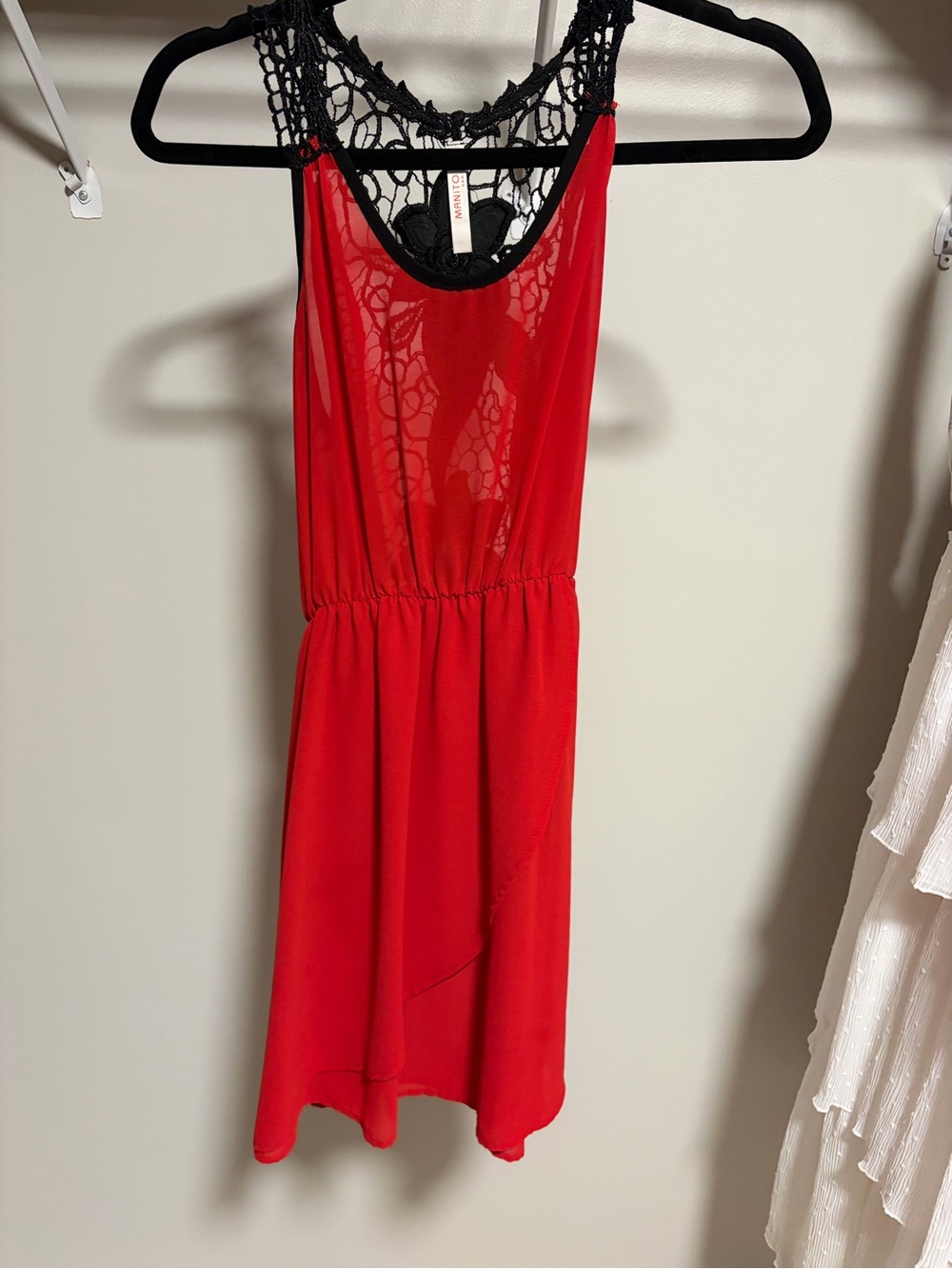 Red Mini Dress with Black Lace Yoke